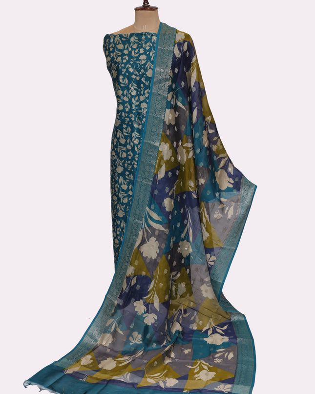 Pure Maheshwari Silk Suit Fabric  with Kani Dupatta - Color Blue - Size REG