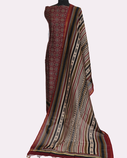 Pure Maheshwari Silk Suit Fabric with Ajrakh Print Shirt and Dupatta - Colour Mehroo - Size REG
