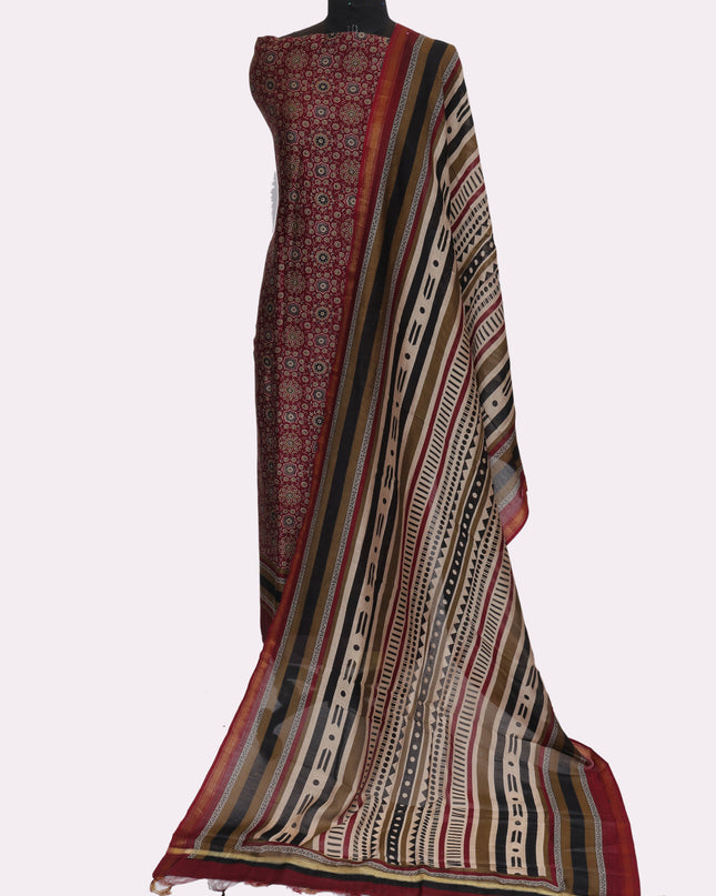 Pure Maheshwari Silk Suit Fabric with Ajrakh Print Shirt and Dupatta - Colour Mehroo - Size REG