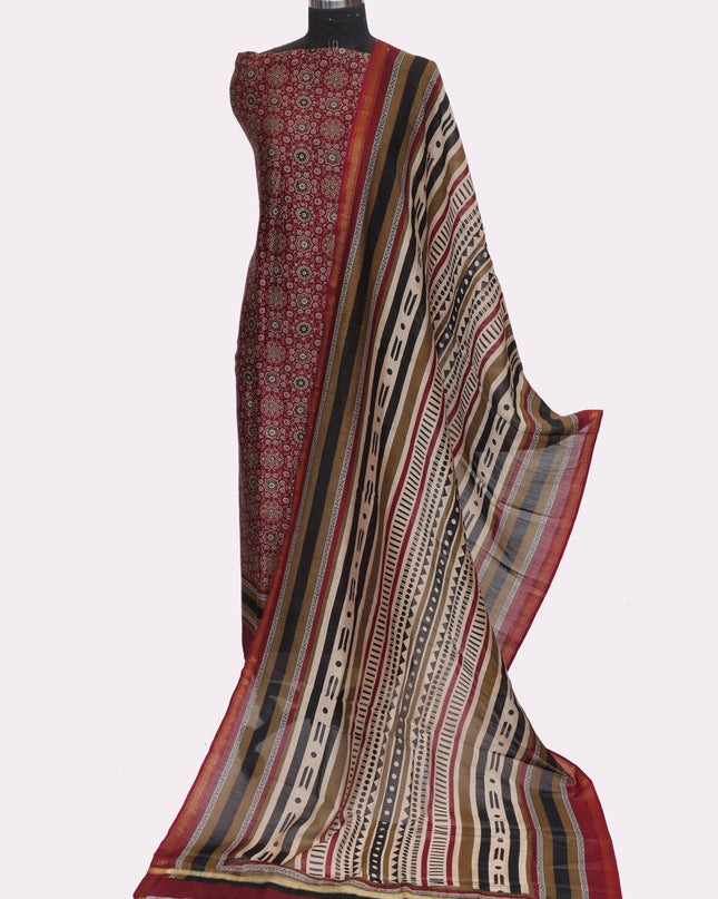 Pure Maheshwari Silk Suit Fabric with Ajrakh Print Shirt and Dupatta - Colour Mehroo - Size REG