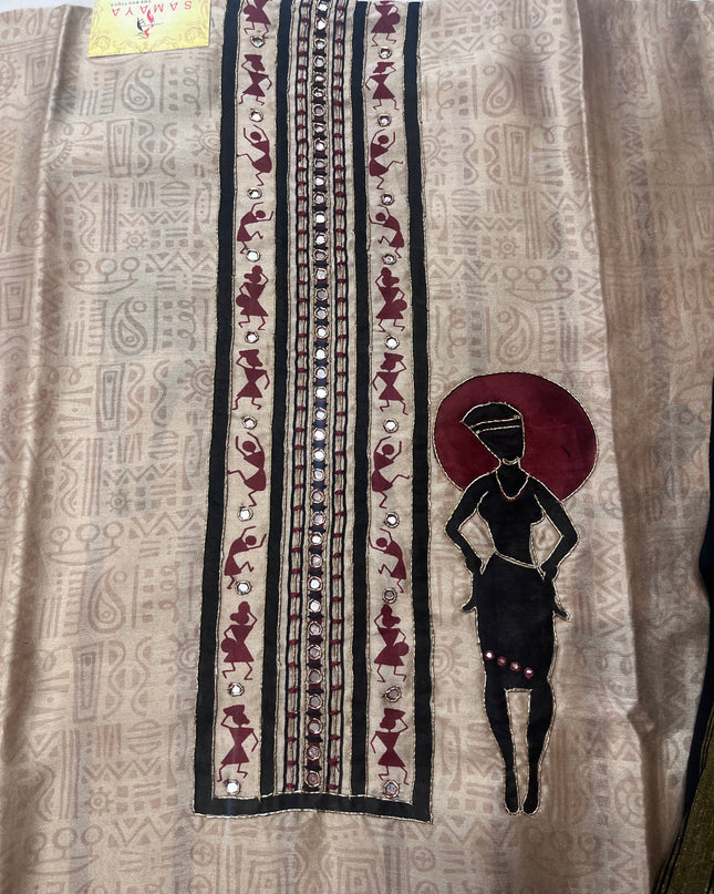 Pure Maheshwari Silk Warli Art Suit Fabric with Fine Hand Work Done on Neck - Colour Beige & Maroon