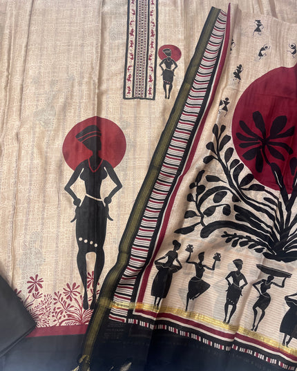 Pure Maheshwari Silk Warli Art Suit Fabric with Fine Hand Work Done on Neck - Colour Beige & Maroon