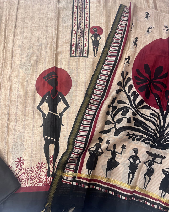 Pure Maheshwari Silk Warli Art Suit Fabric with Fine Hand Work Done on Neck - Colour Beige & Maroon