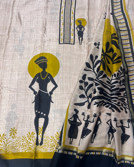 Pure Maheshwari Silk Warli Art Suit Fabric with Fine Hand Work Done on Neck - Colour Beige & Mustard