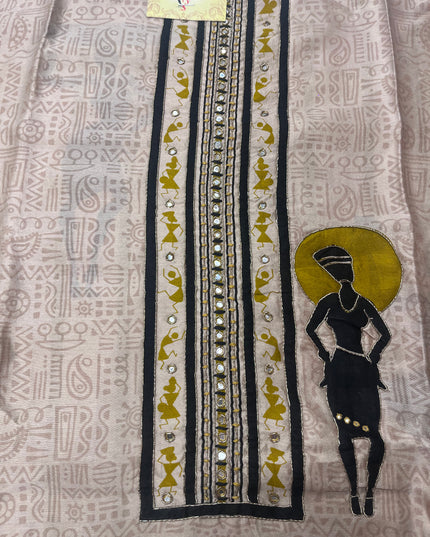 Pure Maheshwari Silk Warli Art Suit Fabric with Fine Hand Work Done on Neck - Colour Beige & Mustard