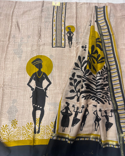 Pure Maheshwari Silk Warli Art Suit Fabric with Fine Hand Work Done on Neck - Colour Beige & Mustard