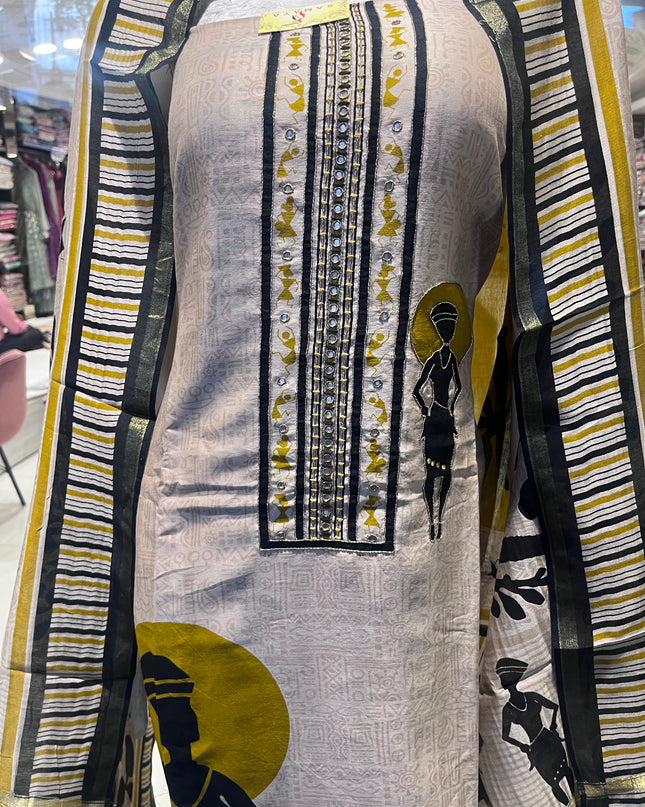Pure Maheshwari Silk Warli Art Suit Fabric with Fine Hand Work Done on Neck - Colour Beige & Mustard